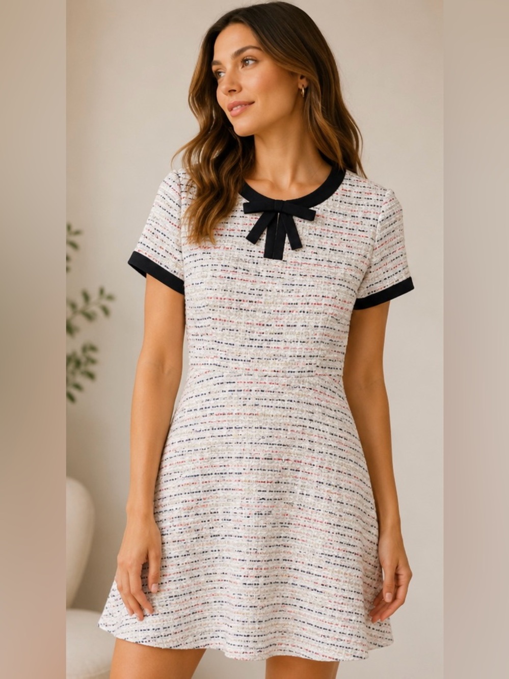 CeCe Cream Tweed Fit-and-Flare Dress with Black Trim